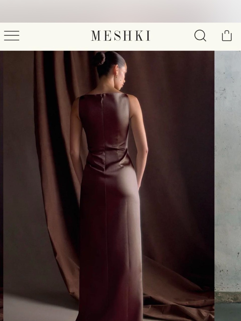 MESHKI Chocolate Brown Satin Maxi Dress with High Side Slit - Picture 3 of 3